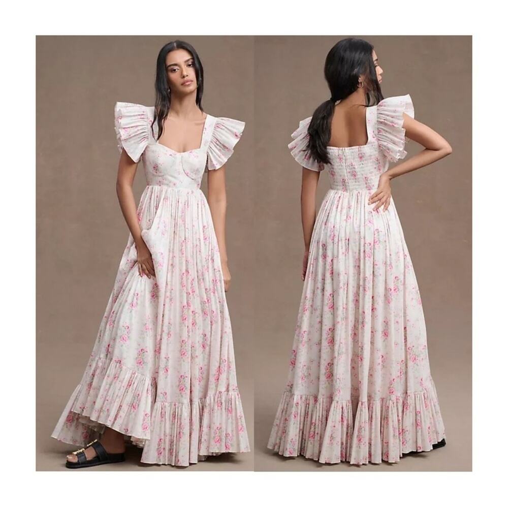 Maison Amory French Chateau Floral Flutter-Sleeve Gown